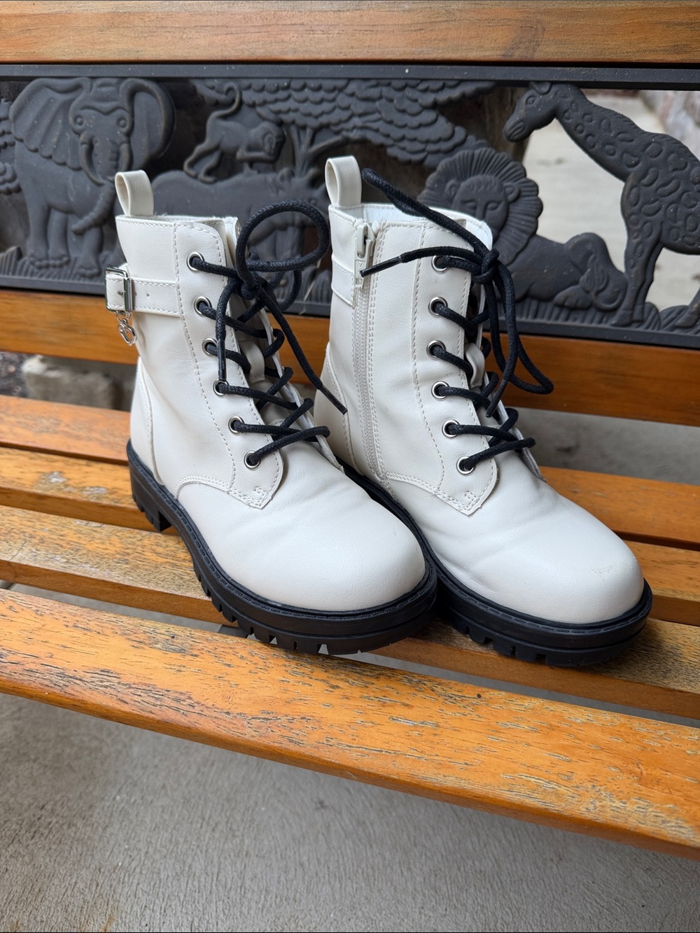 Girls White Combat Boots with Black Laces and Chunky Sole